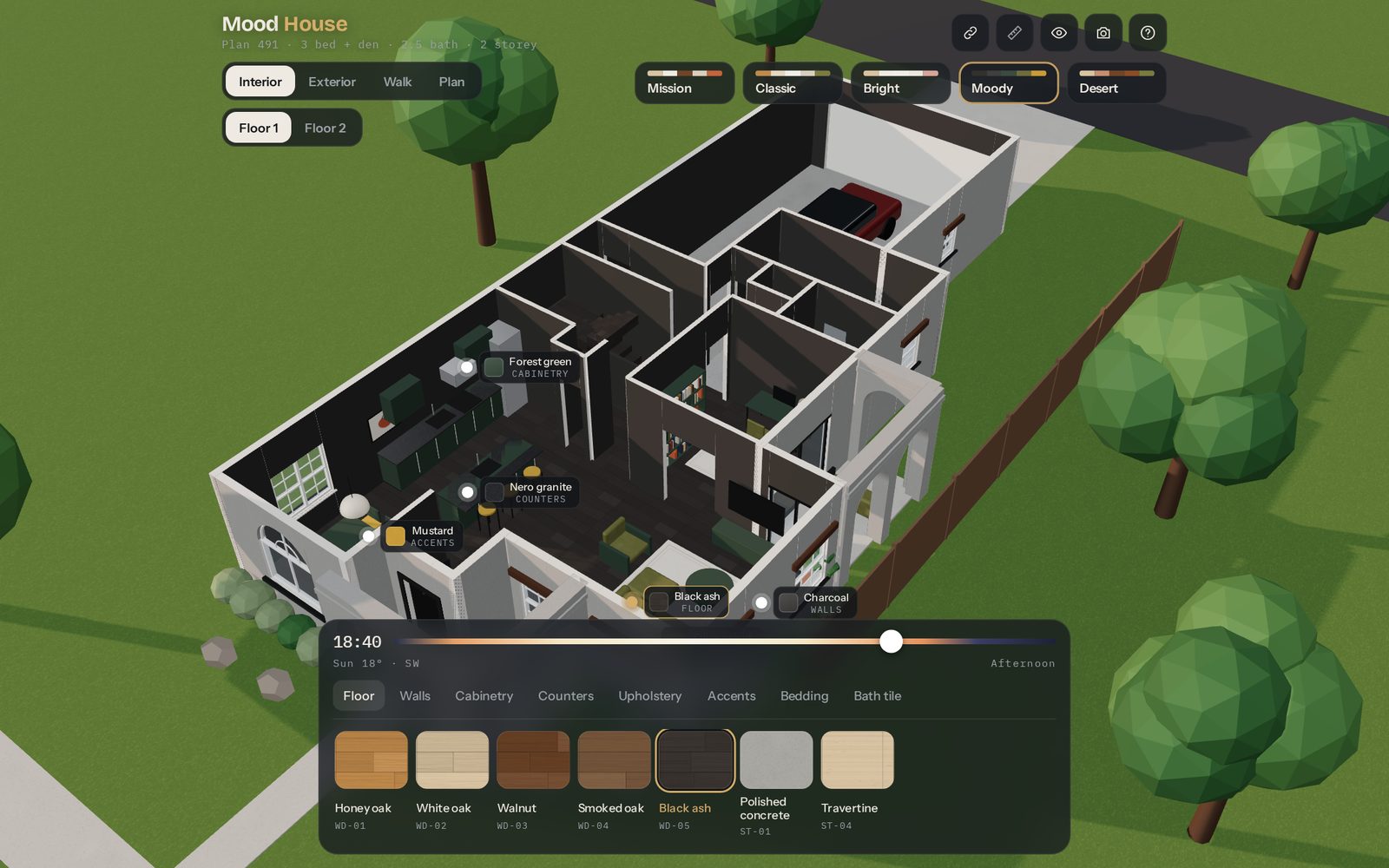 Floor 1 with the roof off in the Moody palette, showing the kitchen, great room and garage