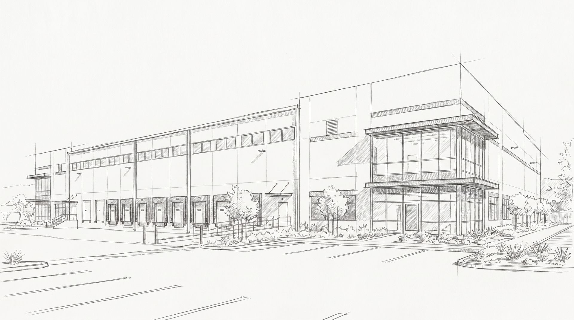 Pencil elevation sketch of an industrial logistics building