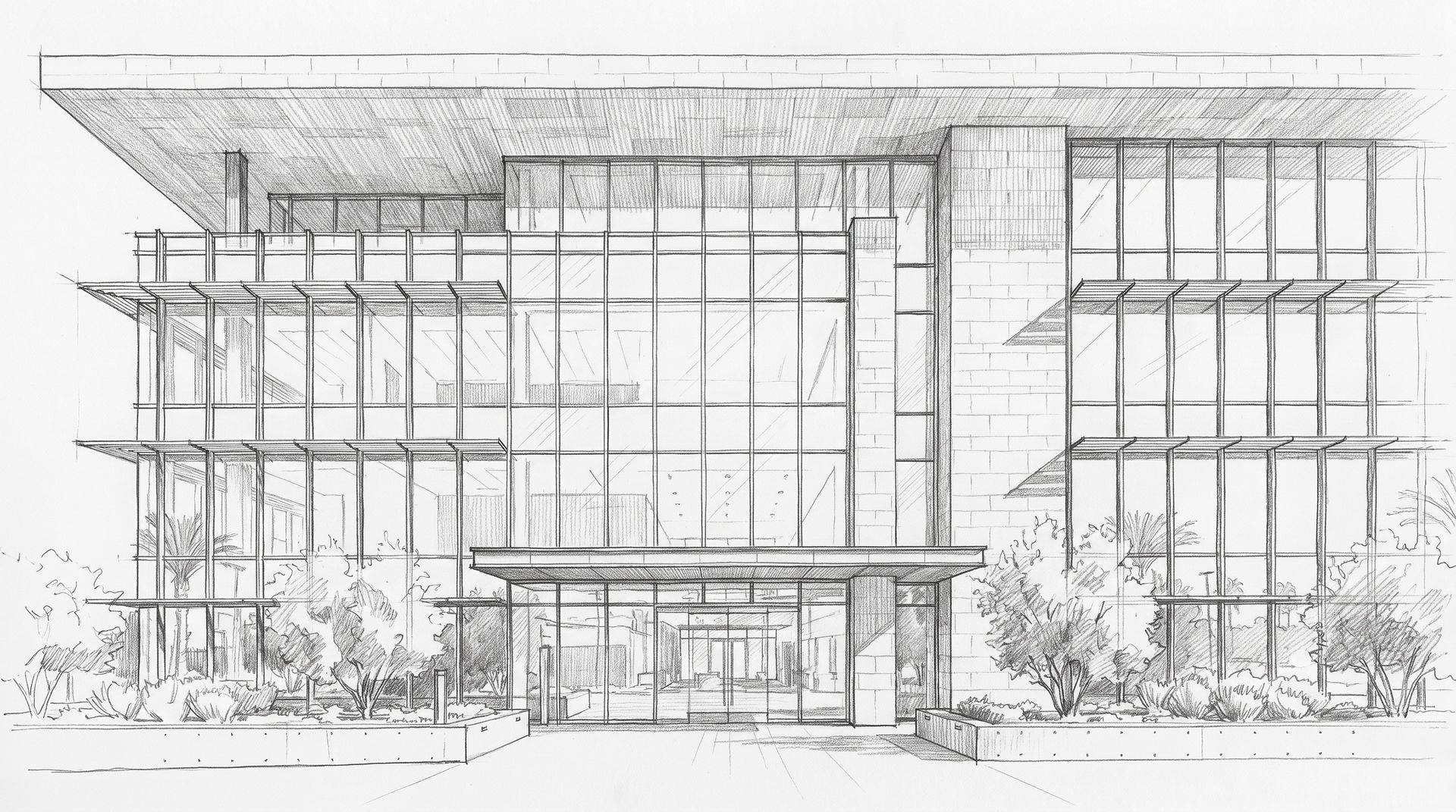 Pencil elevation sketch of a four-storey office building