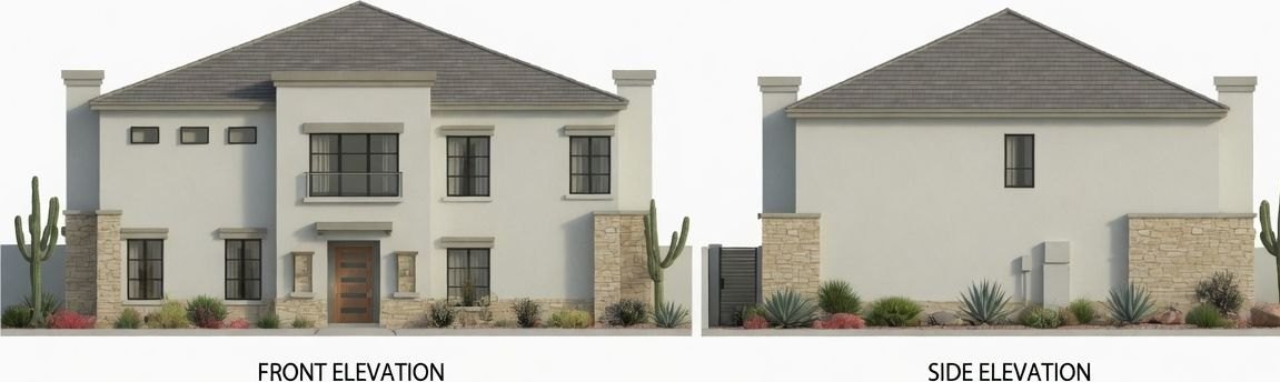 Photorealistic front and side elevation renders of the same building